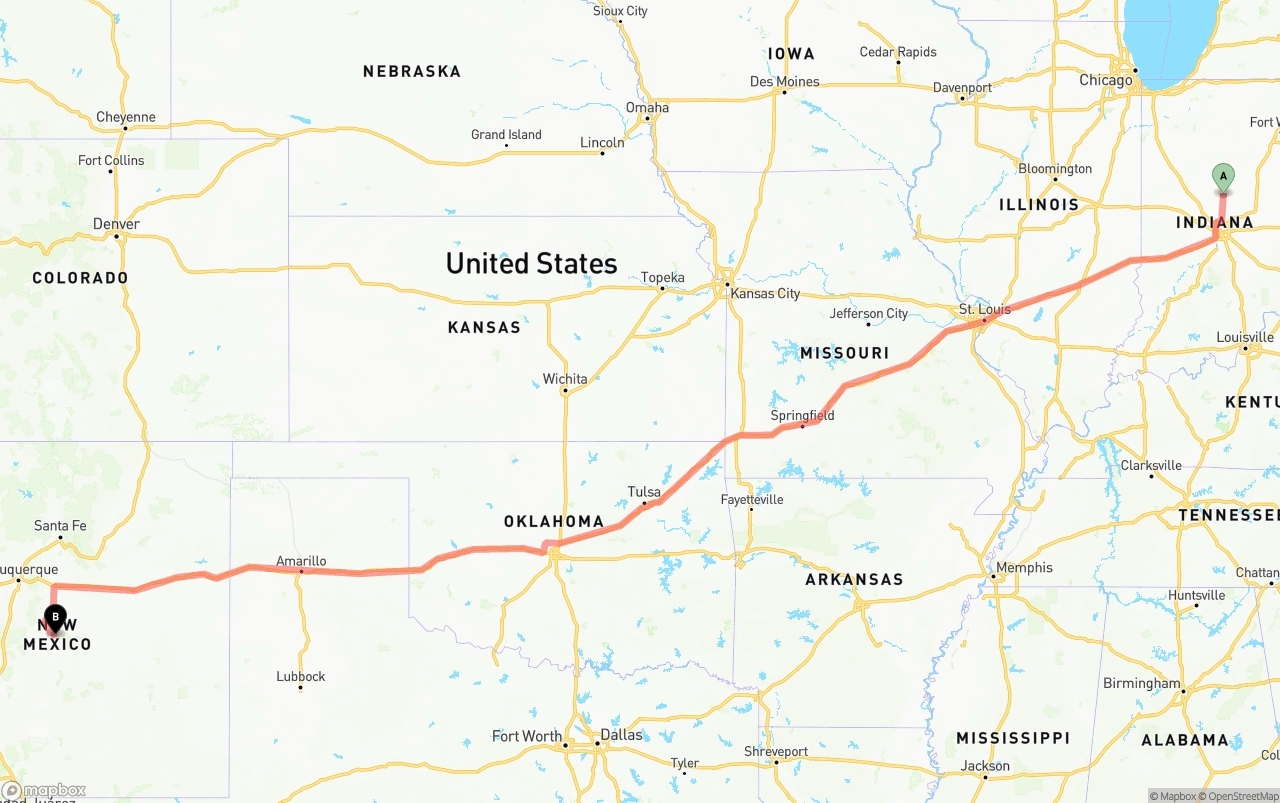 Shipping route from Indiana to New Mexico