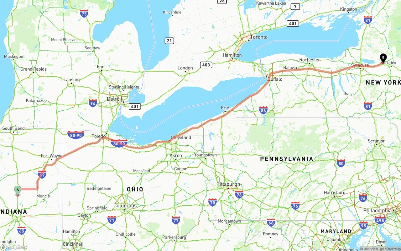 Shipping route from Indiana to New York