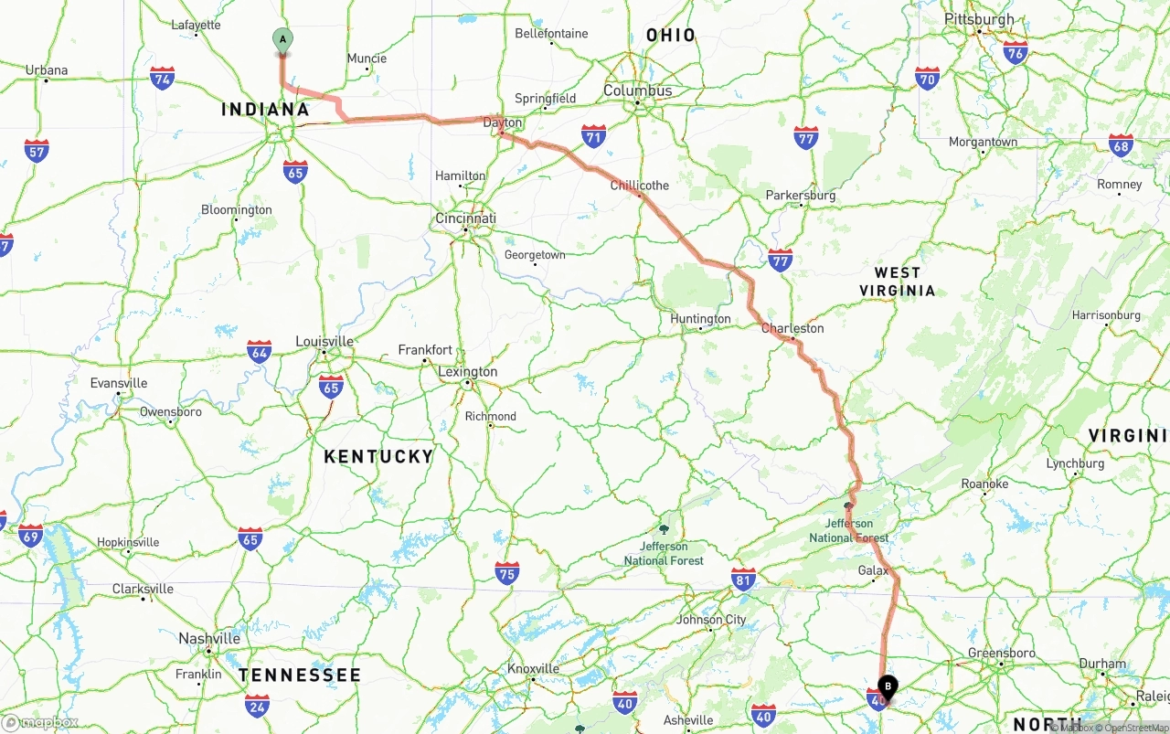 Shipping route from Indiana to North Carolina