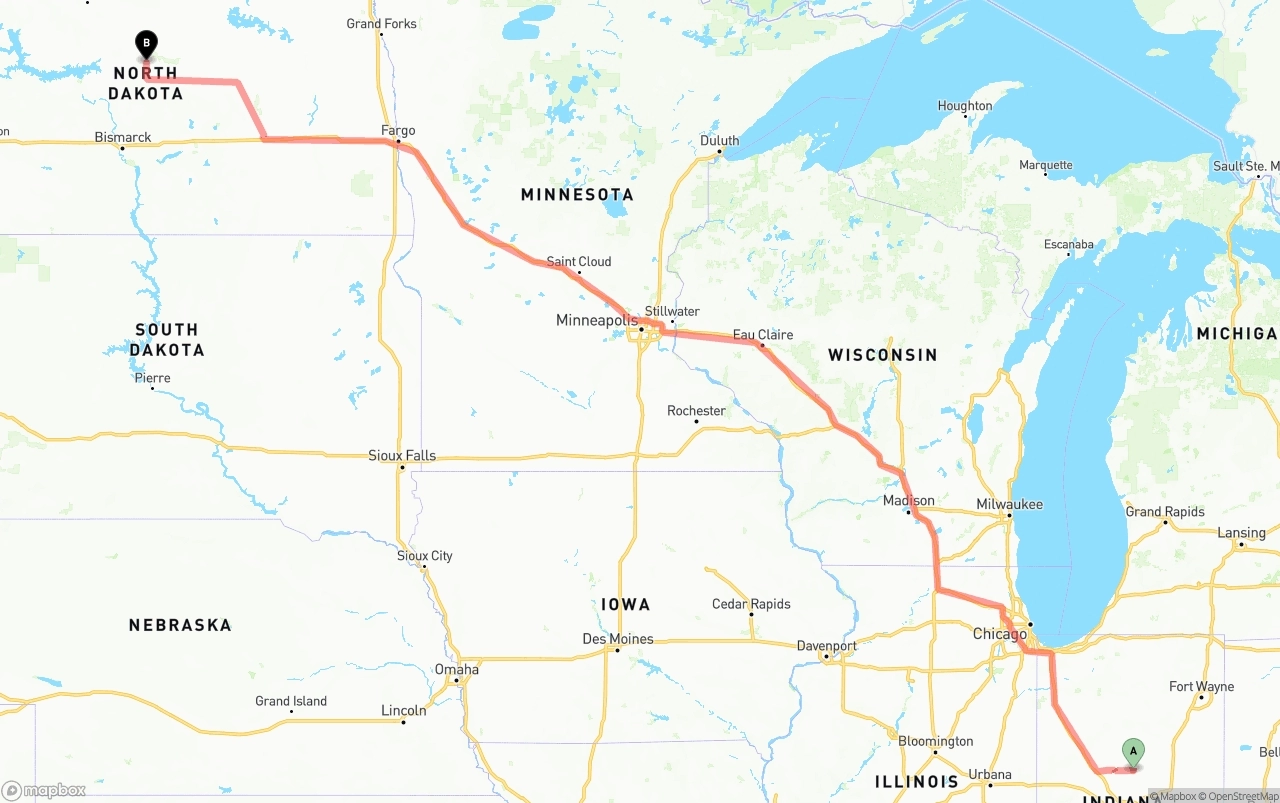 Shipping route from Indiana to North Dakota