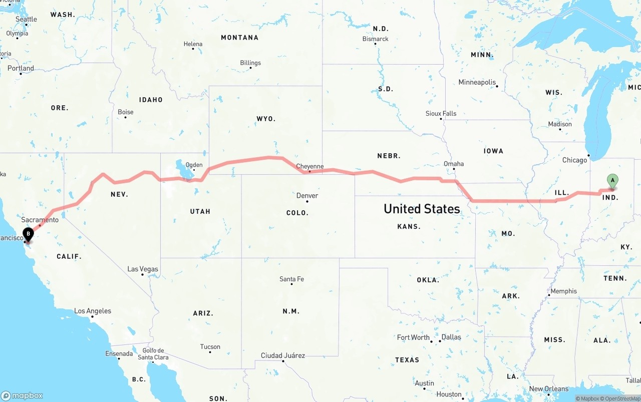 Shipping route from Indiana to Oakland International Airport