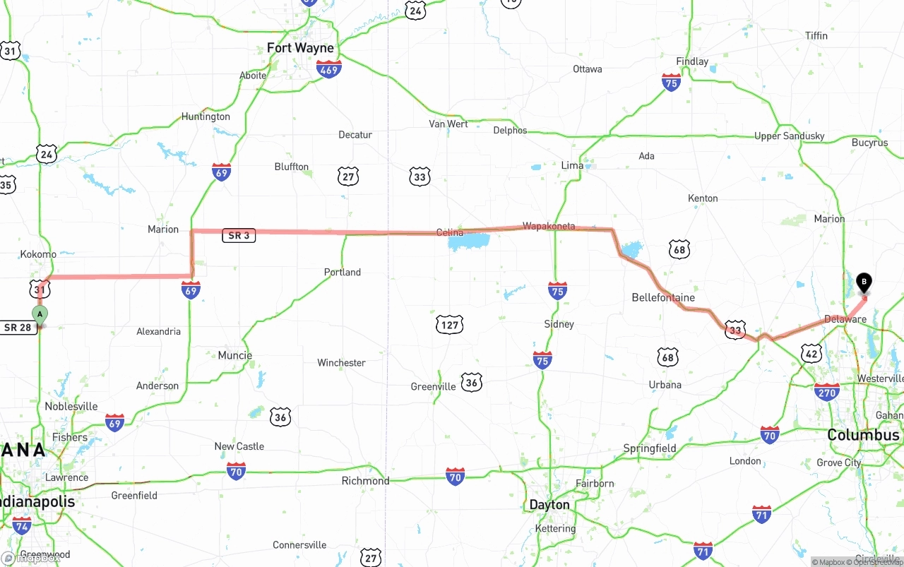 Shipping route from Indiana to Ohio