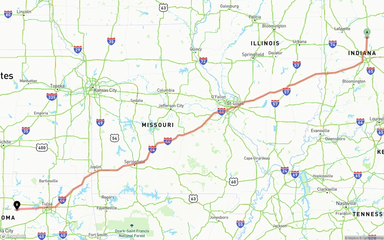 Shipping route from Indiana to Oklahoma