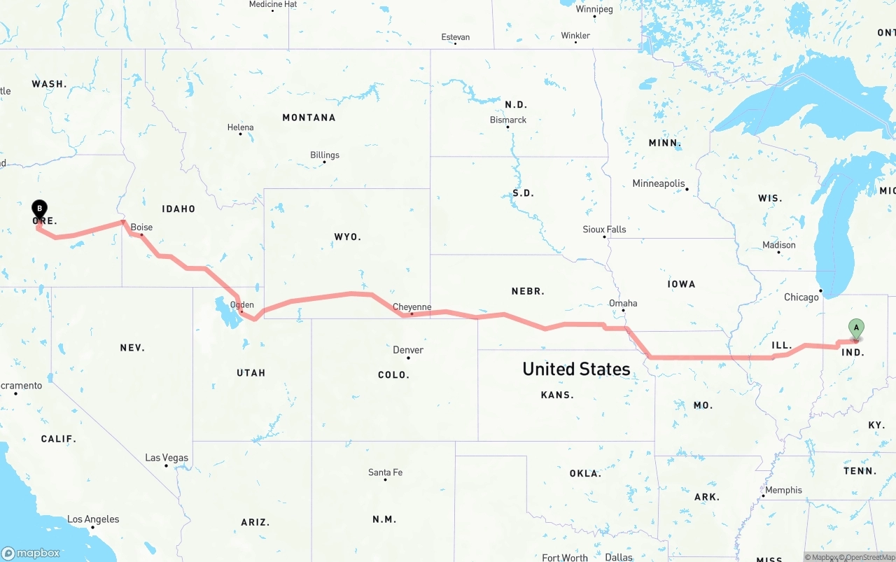 Shipping route from Indiana to Oregon