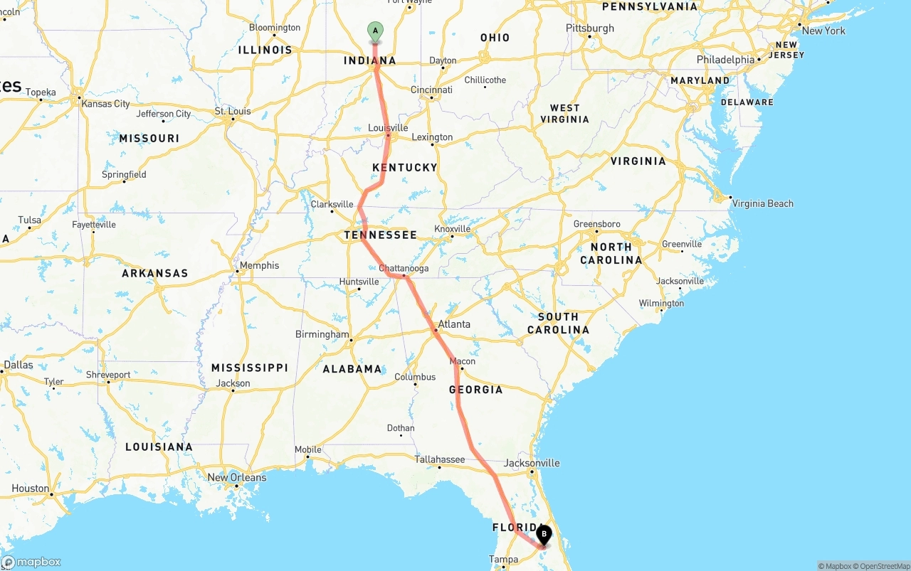 Shipping route from Indiana to Orlando International Airport