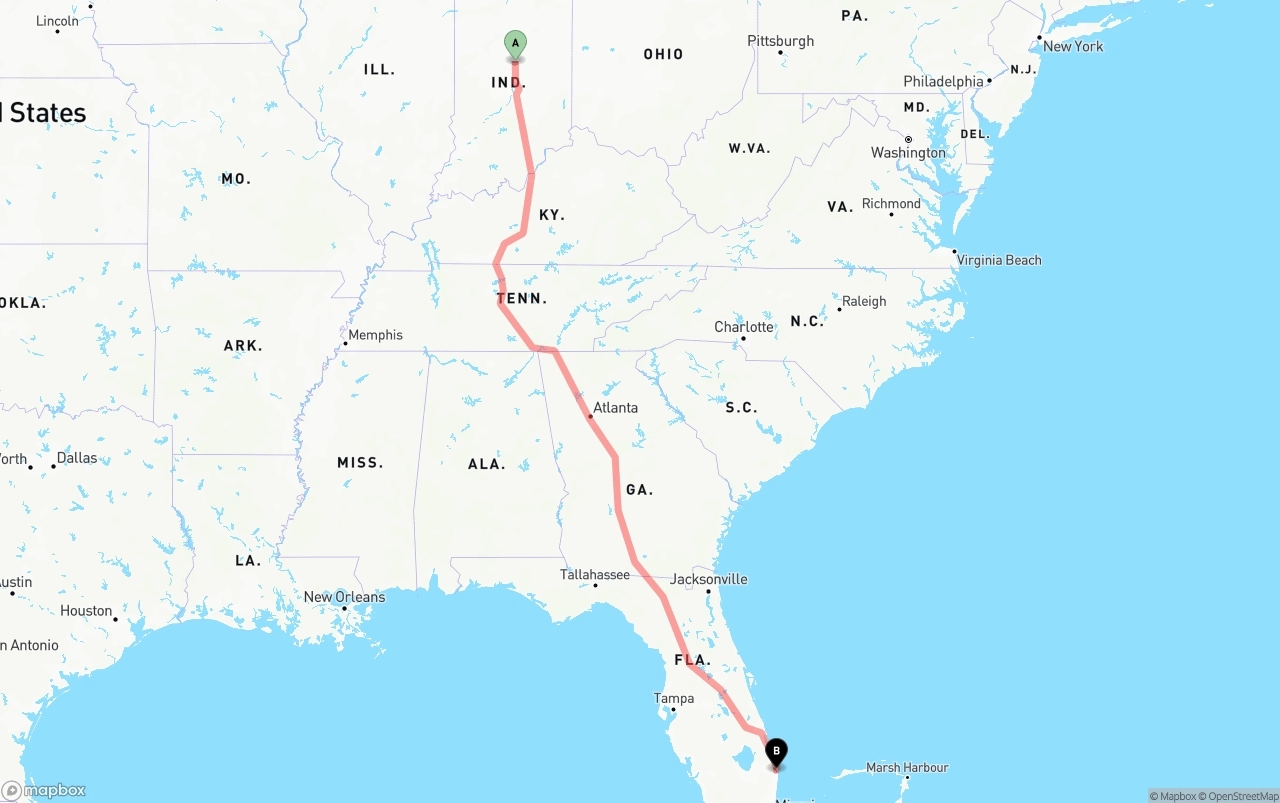 Shipping route from Indiana to Palm Beach International Airport
