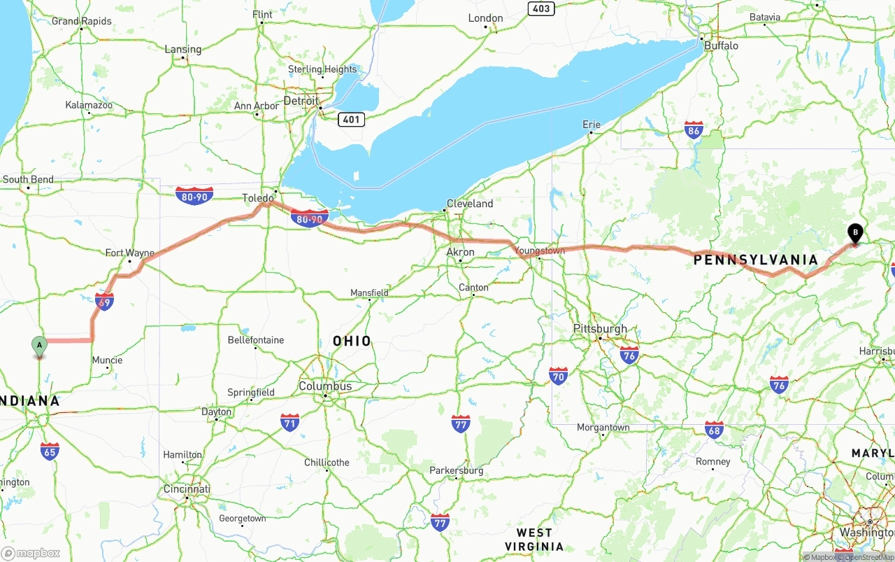 Shipping route from Indiana to Pennsylvania