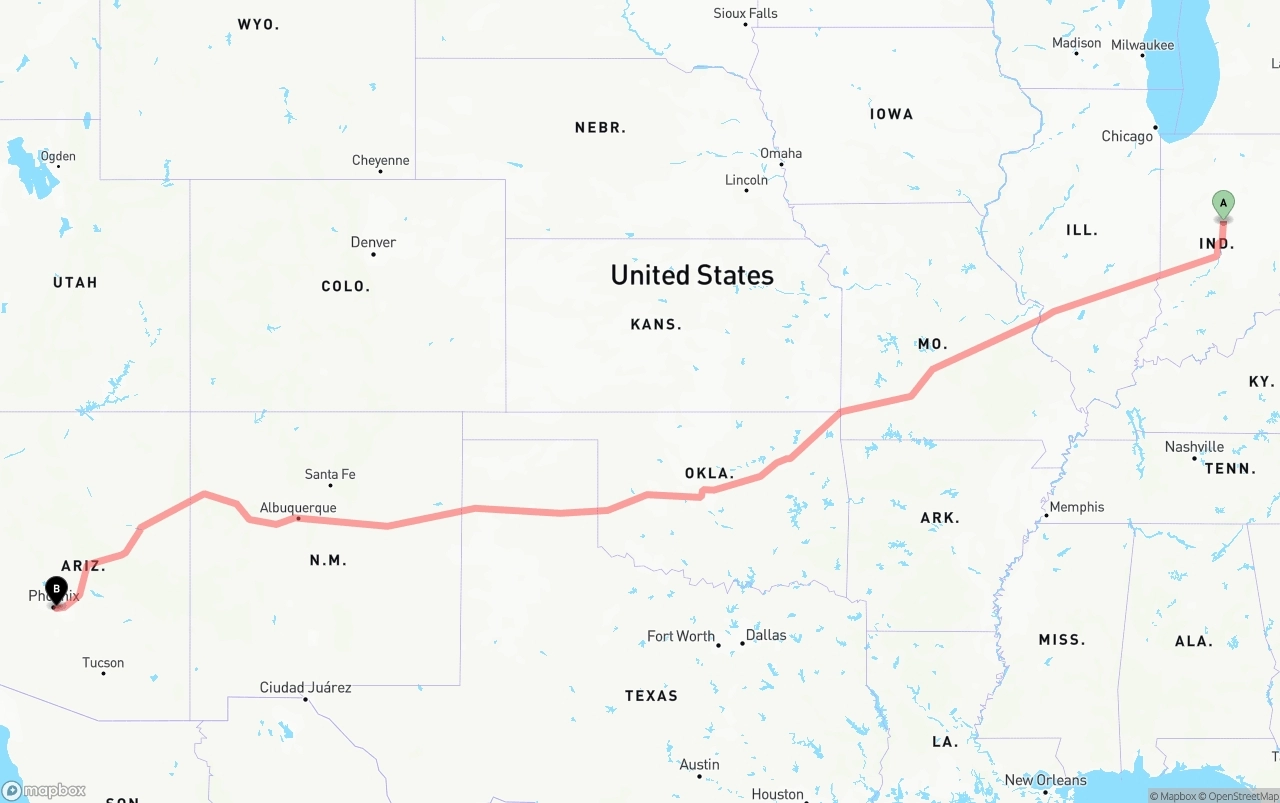 Shipping route from Indiana to Phoenix Sky Harbor International Airport