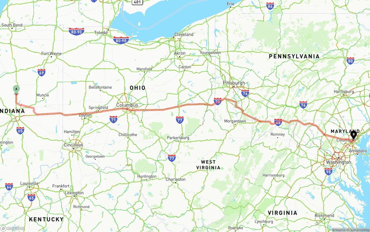 Shipping route from Indiana to Port of Baltimore