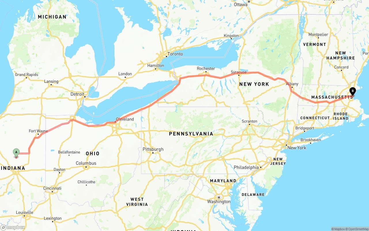 Shipping route from Indiana to Port of Boston