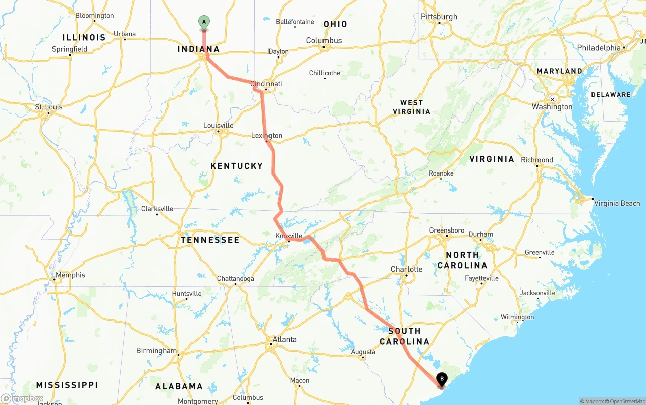 Shipping route from Indiana to Port of Charleston