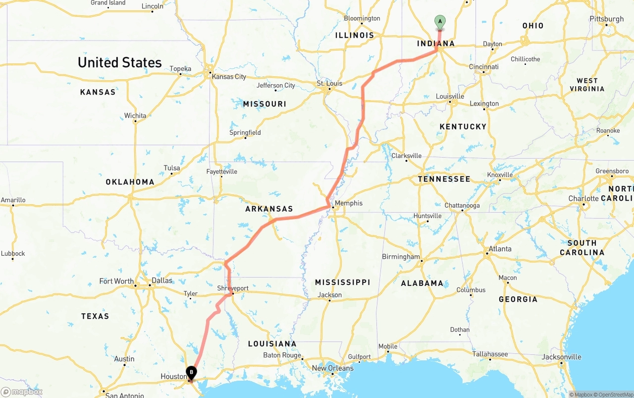 Shipping route from Indiana to Port of Houston