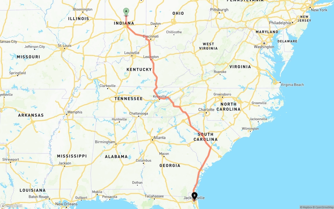 Shipping route from Indiana to Port of Jacksonville