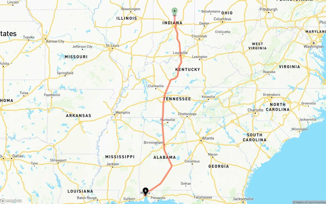 Shipping route from Indiana to Port of Mobile