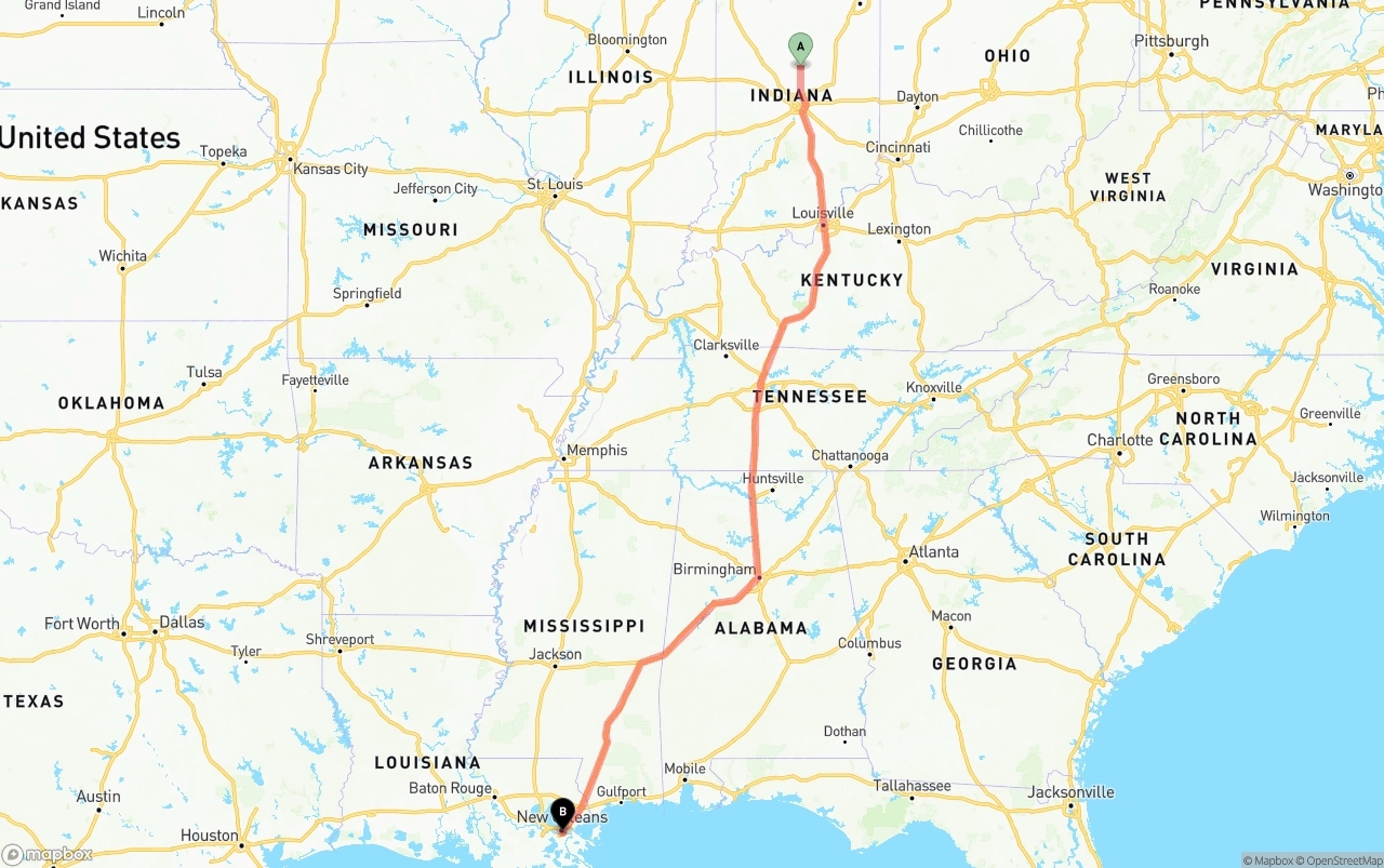 Shipping route from Indiana to Port of New Orleans