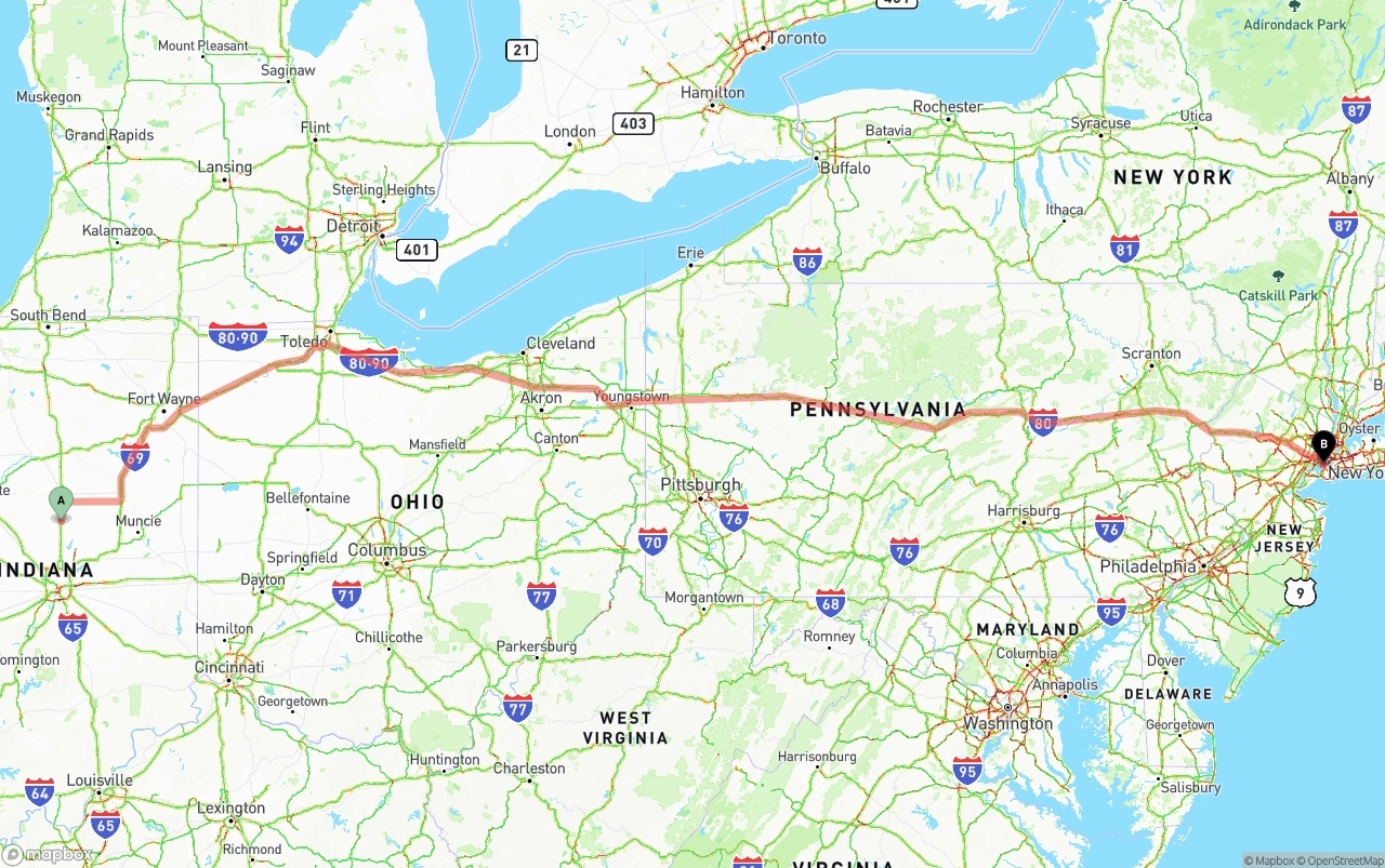 Shipping route from Indiana to Port of New York