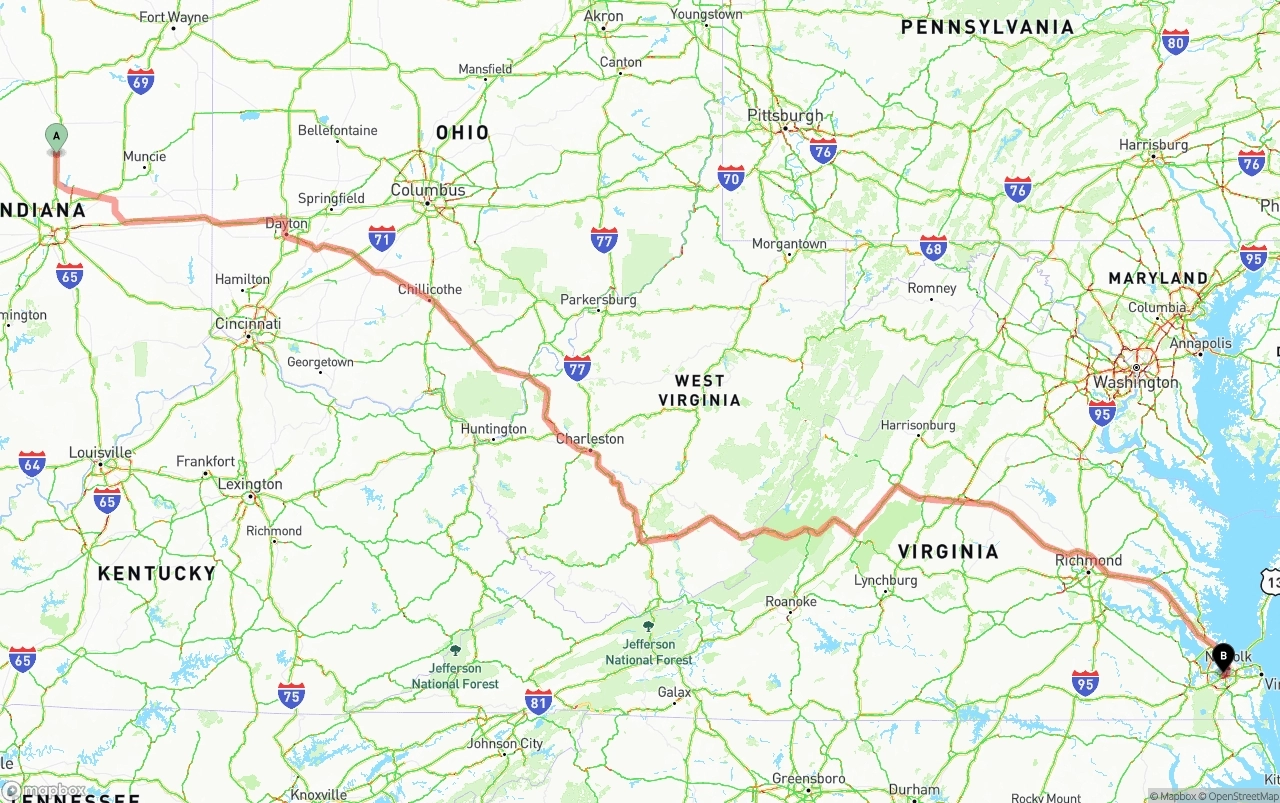 Shipping route from Indiana to Port of Norfolk