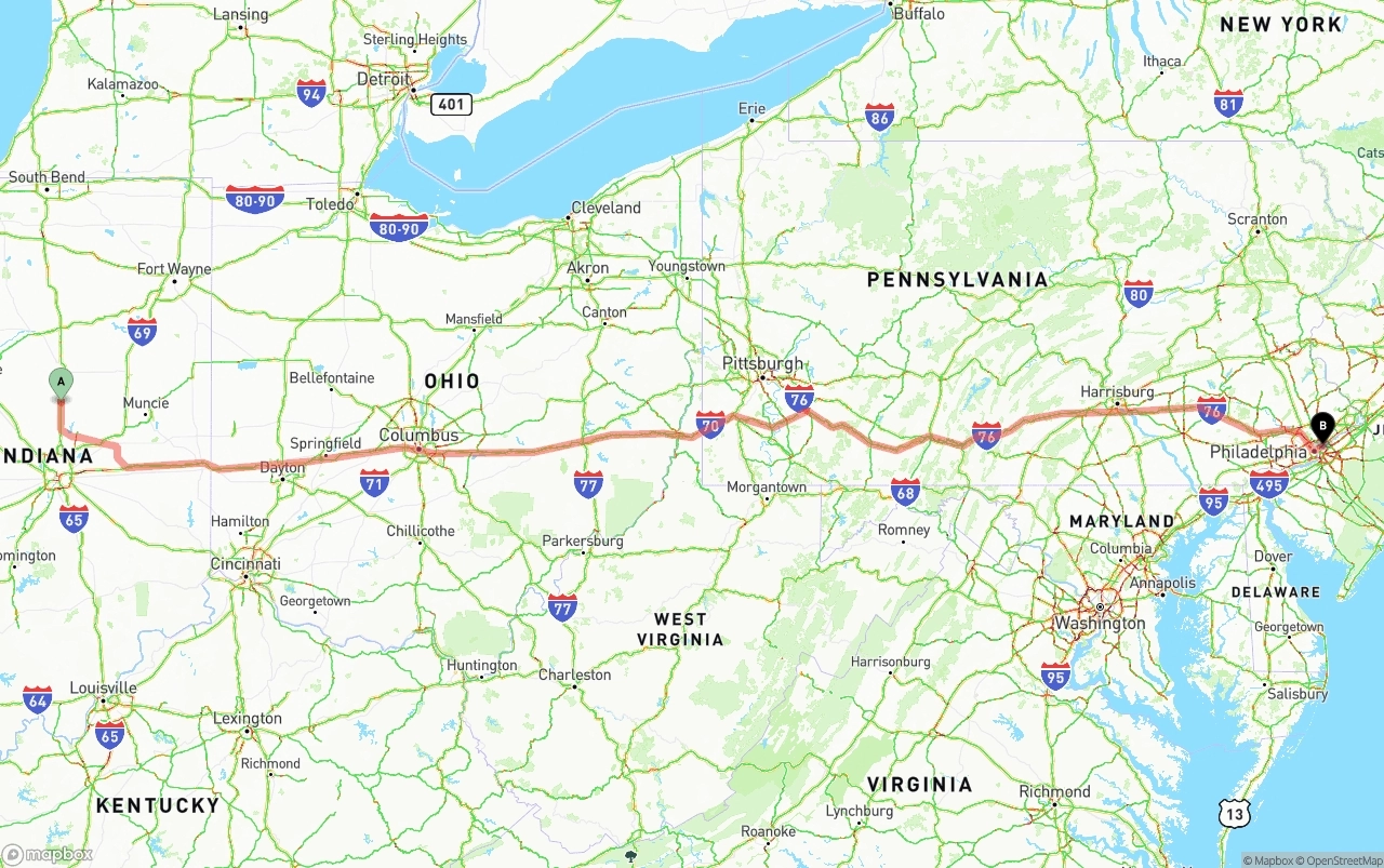 Shipping route from Indiana to Port of Philadelphia