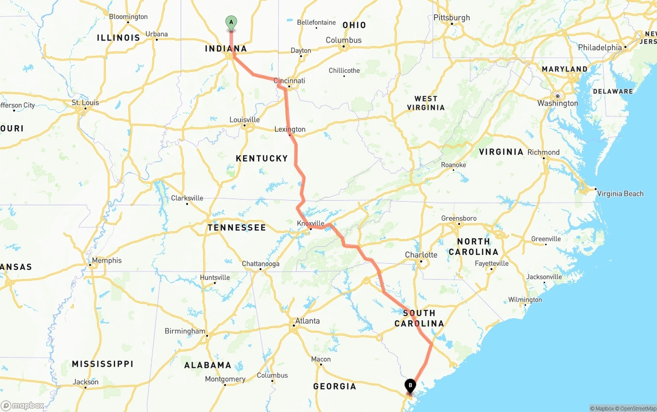 Shipping route from Indiana to Port of Savannah