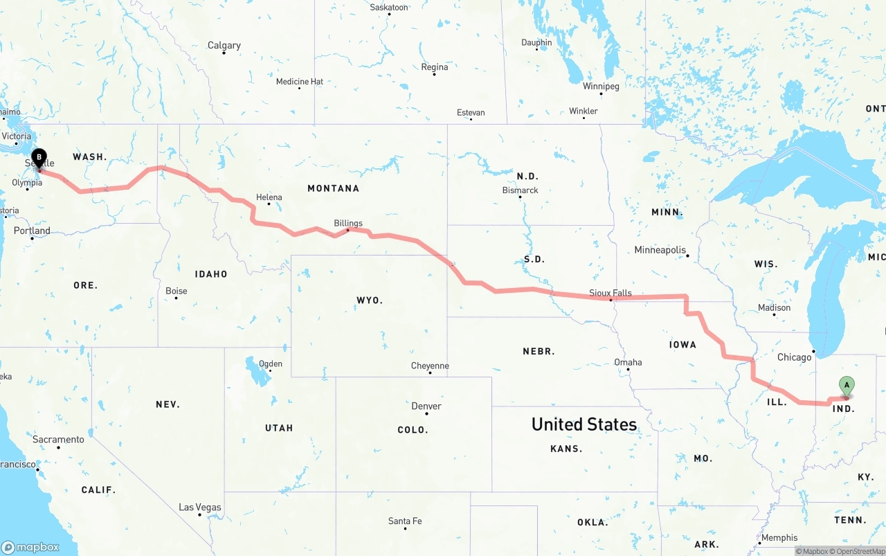 Shipping route from Indiana to Port of Seattle