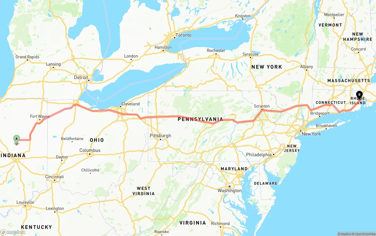 Shipping route from Indiana to Rhode Island