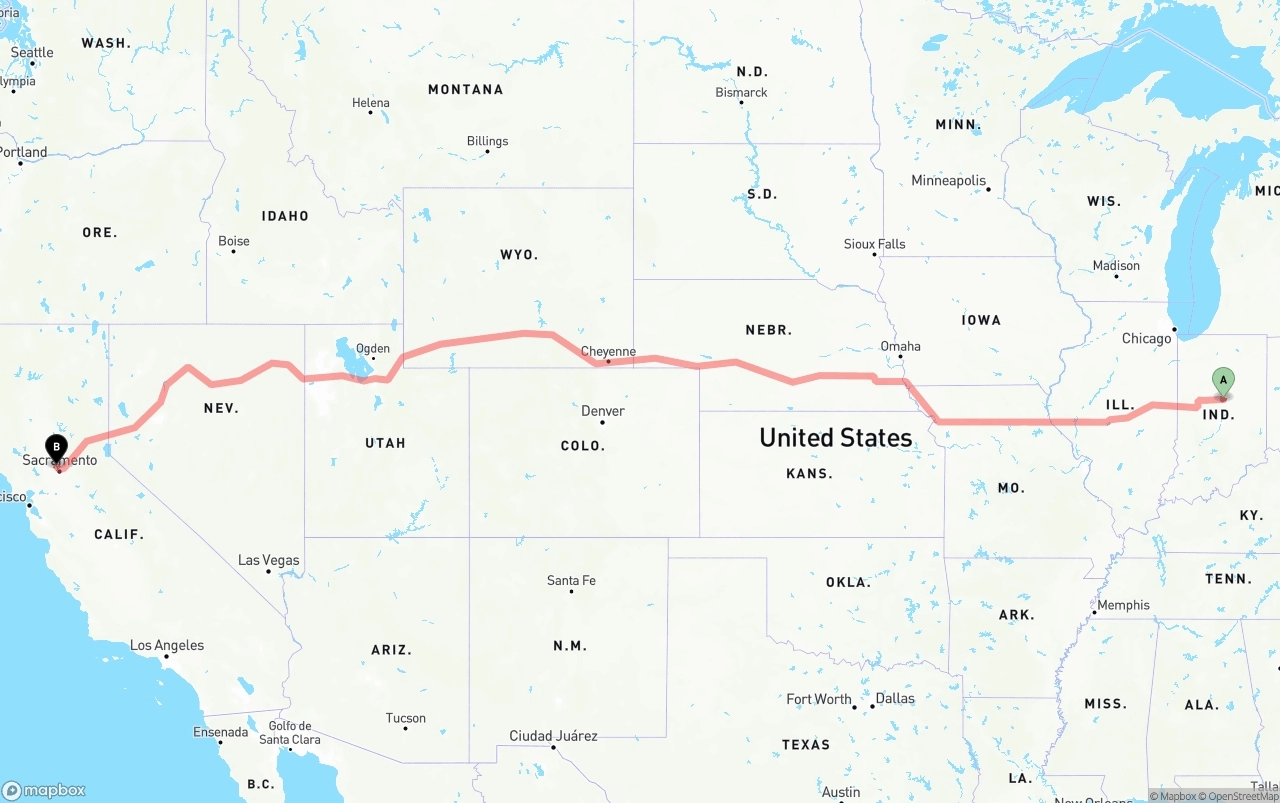 Shipping route from Indiana to Sacramento International Airport