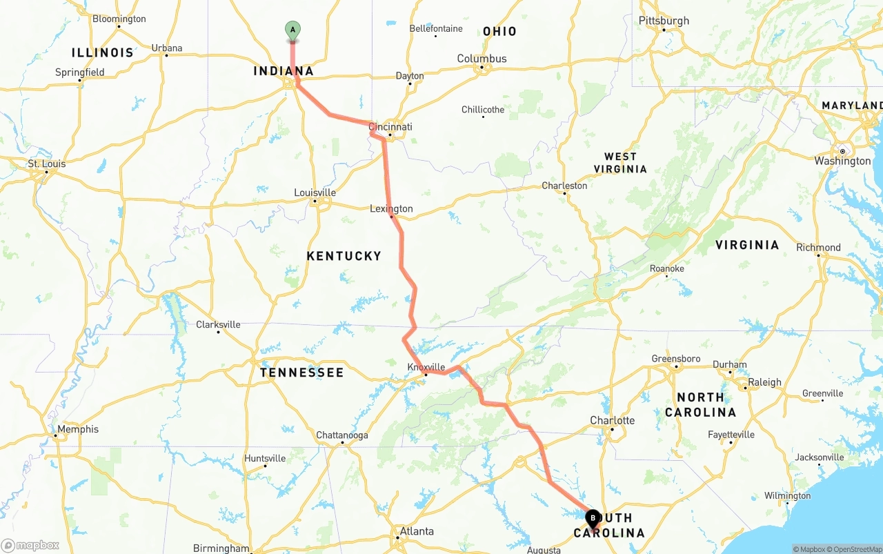 Shipping route from Indiana to South Carolina