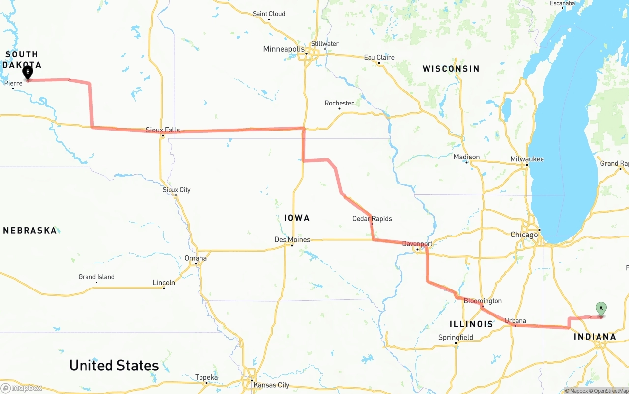 Shipping route from Indiana to South Dakota