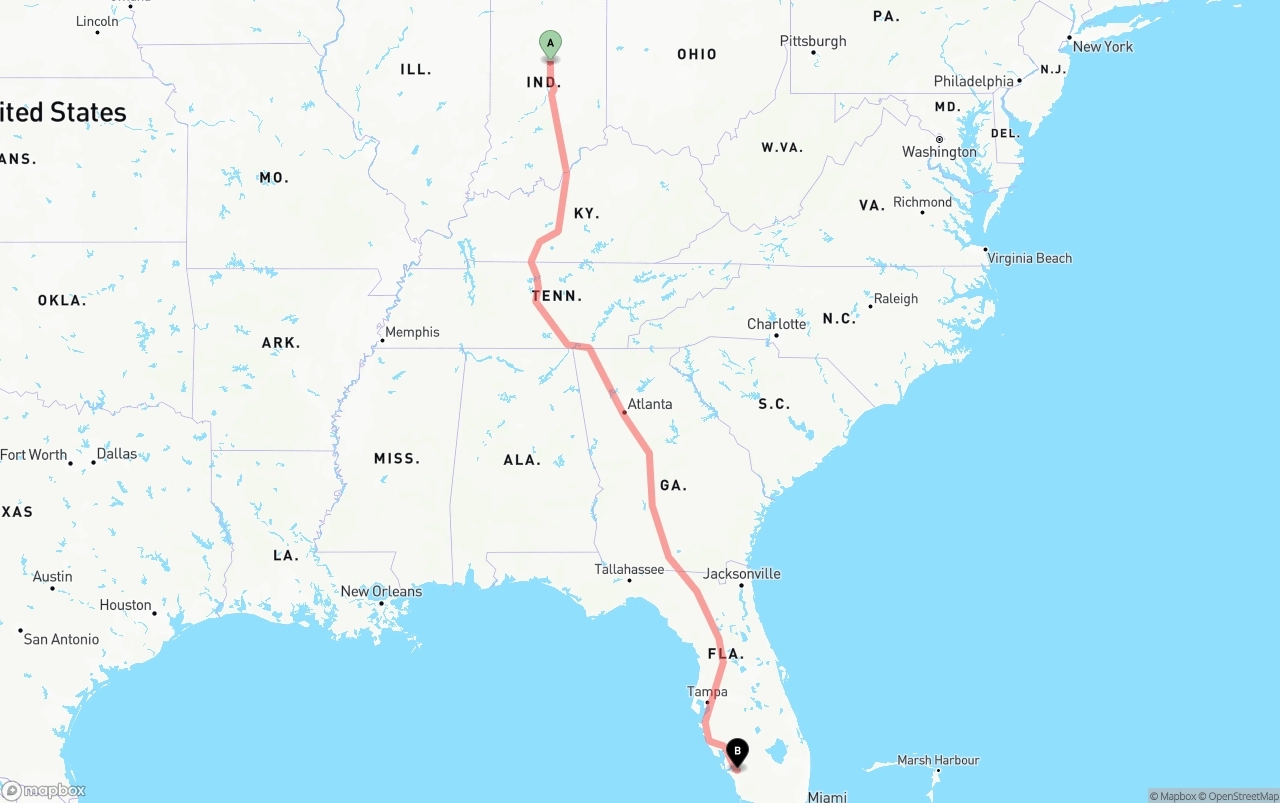 Shipping route from Indiana to Southwest Florida International Airport