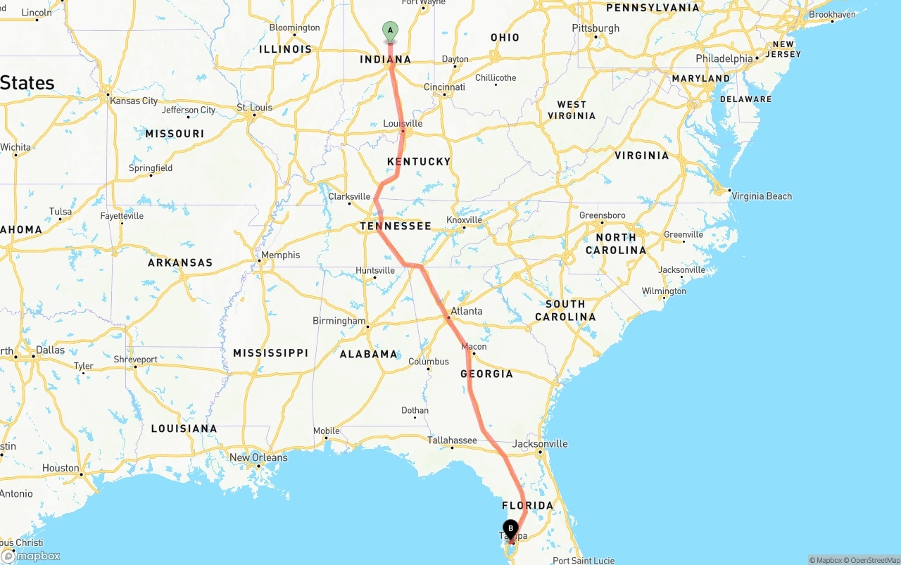 Shipping route from Indiana to Tampa International Airport