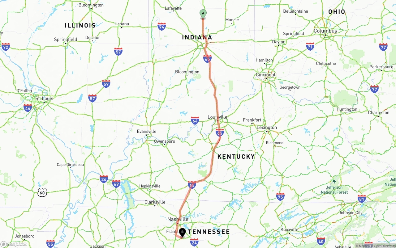 Shipping route from Indiana to Tennessee
