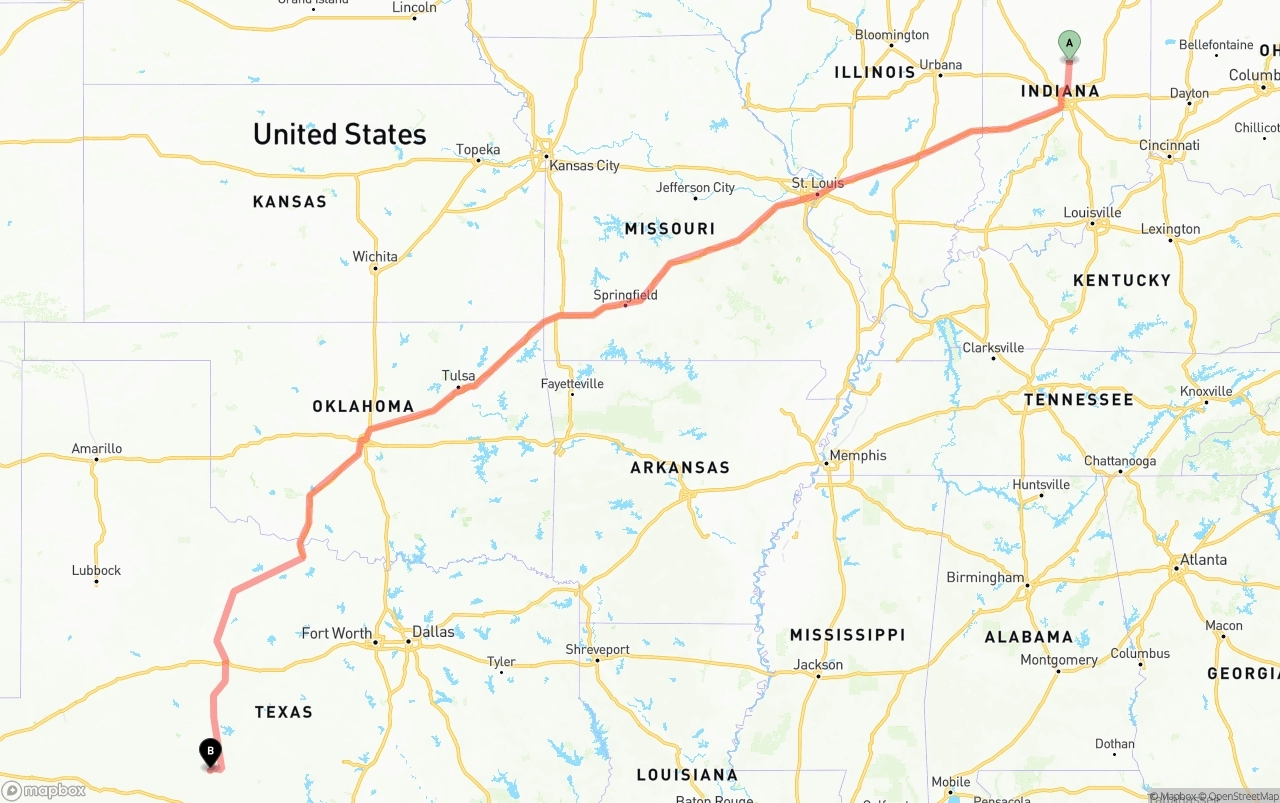 Shipping route from Indiana to Texas