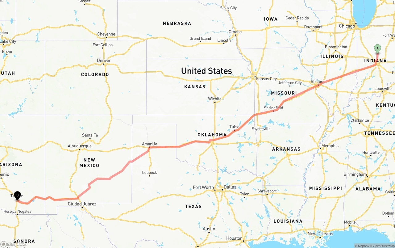Shipping route from Indiana to Tucson International Airport
