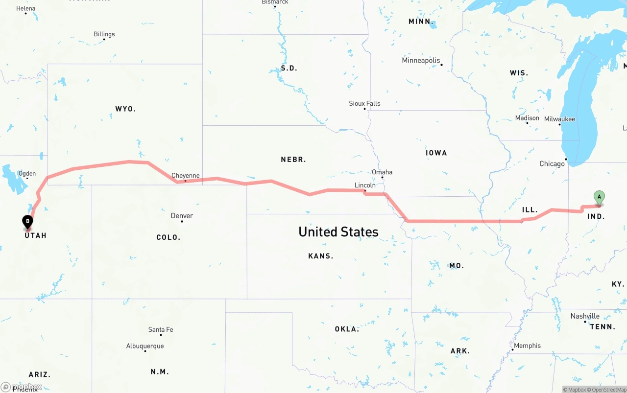 Shipping route from Indiana to Utah