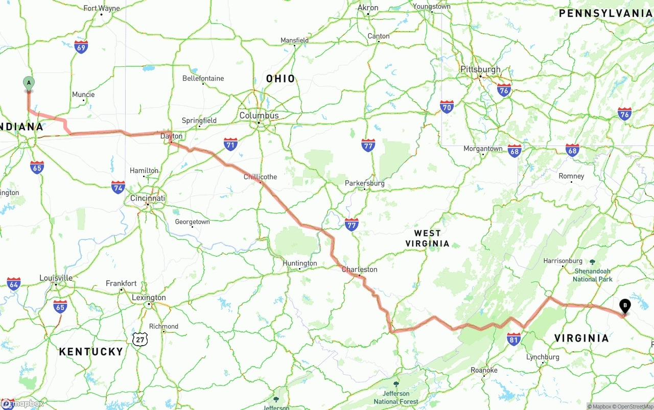 Shipping route from Indiana to Virginia