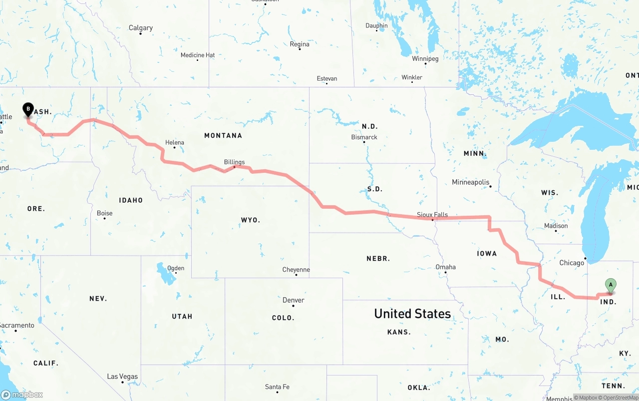 Shipping route from Indiana to Washington