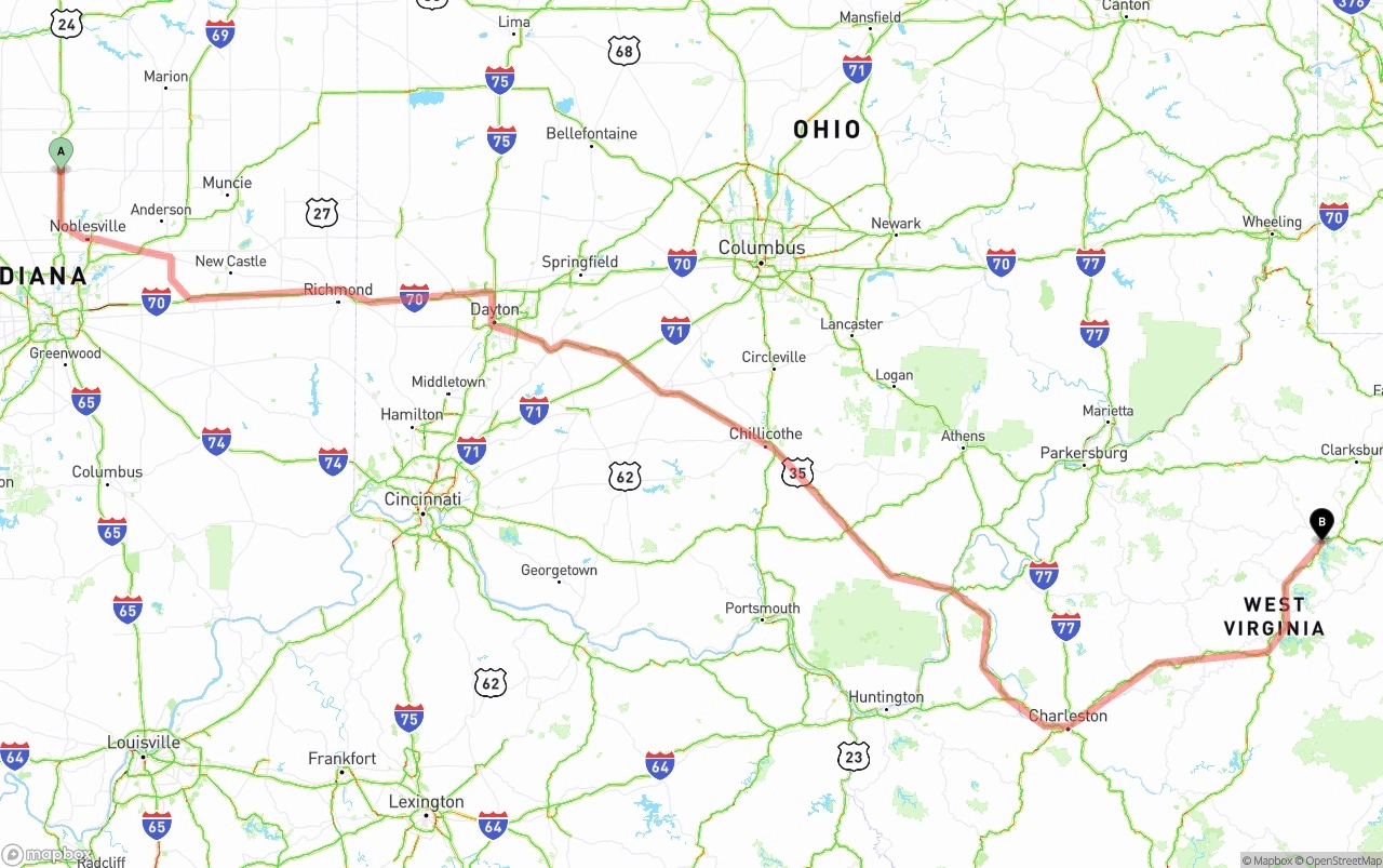 Shipping route from Indiana to West Virginia