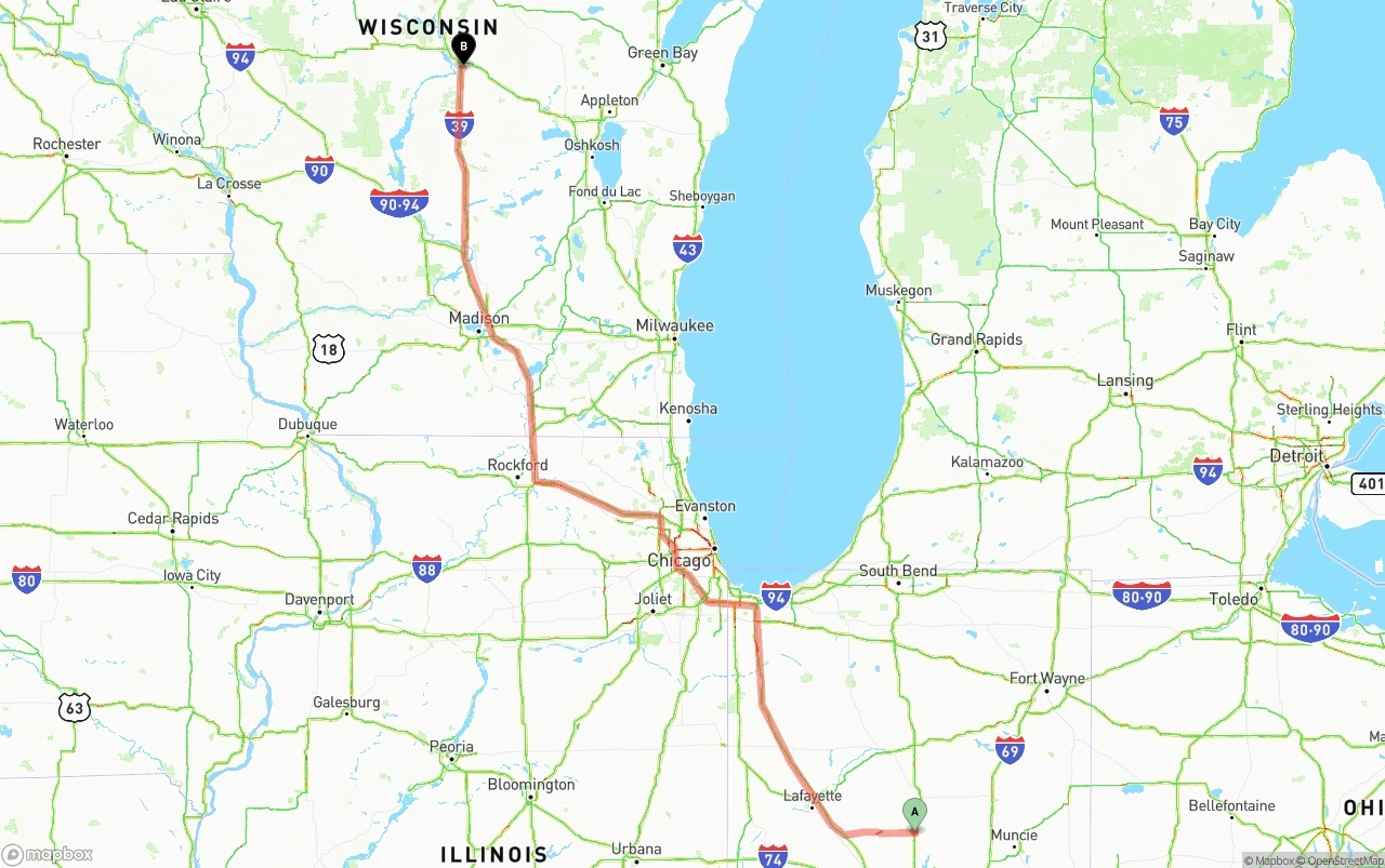 Shipping route from Indiana to Wisconsin