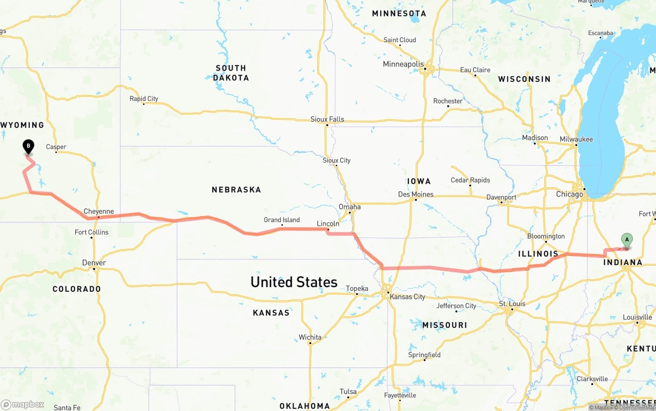 Shipping route from Indiana to Wyoming