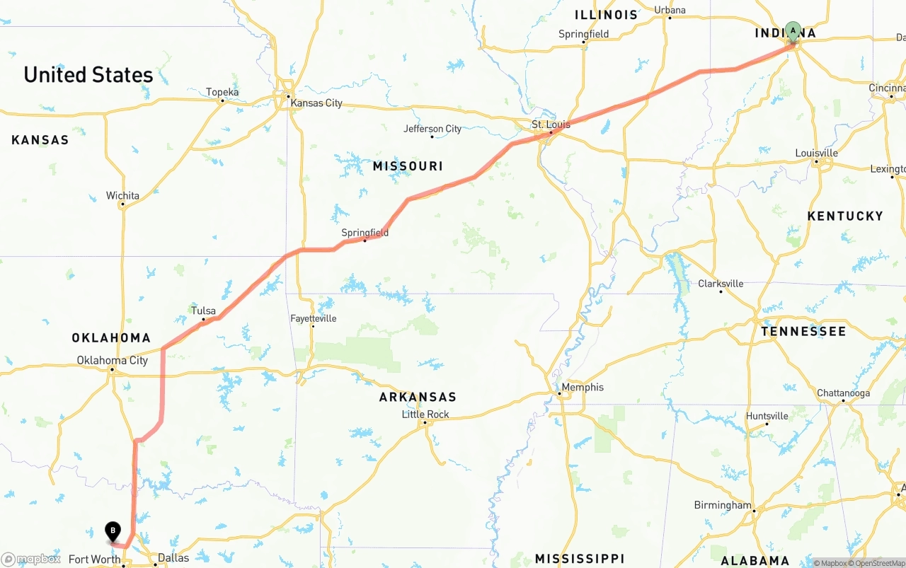 Shipping route from Indianapolis to Aurora