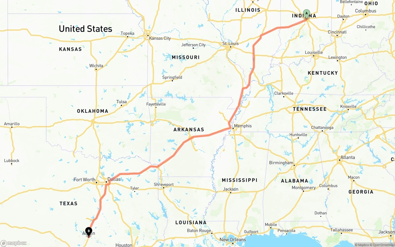 Shipping route from Indianapolis to Austin