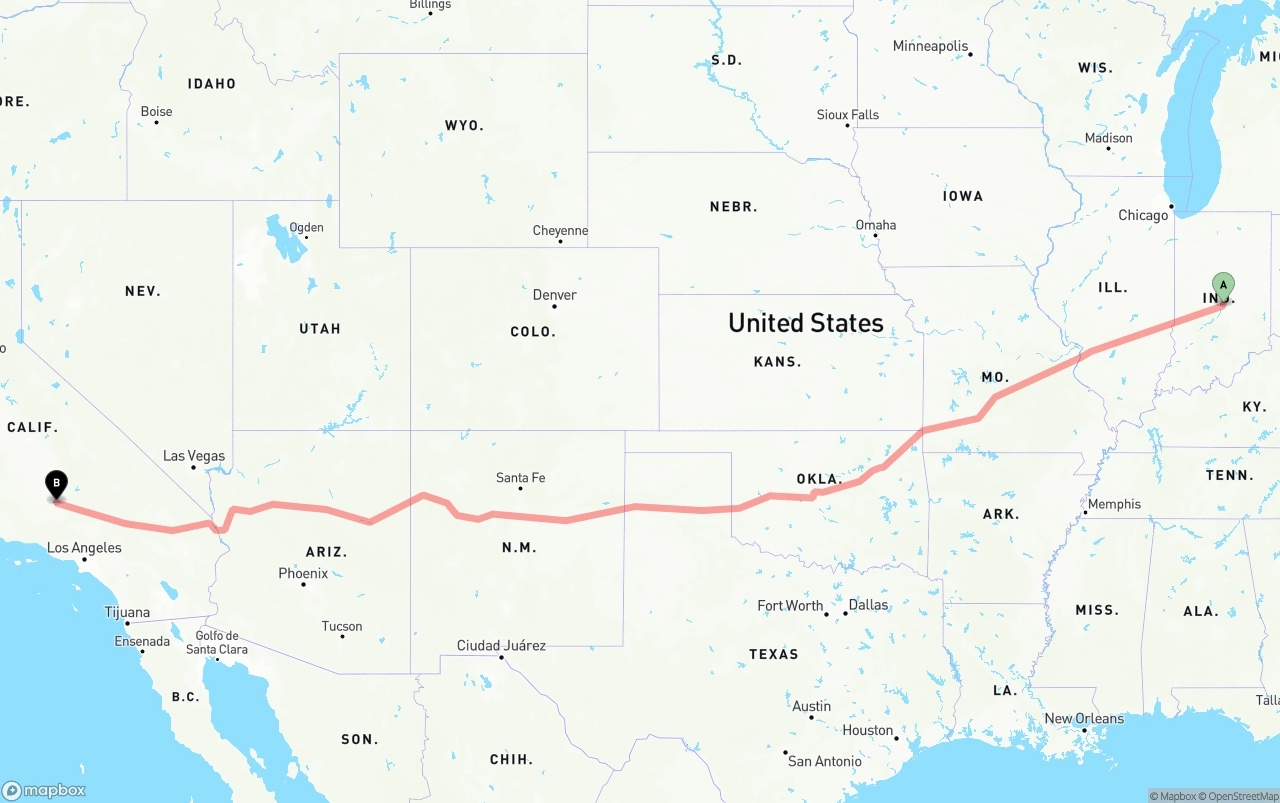Shipping route from Indianapolis to Bakersfield