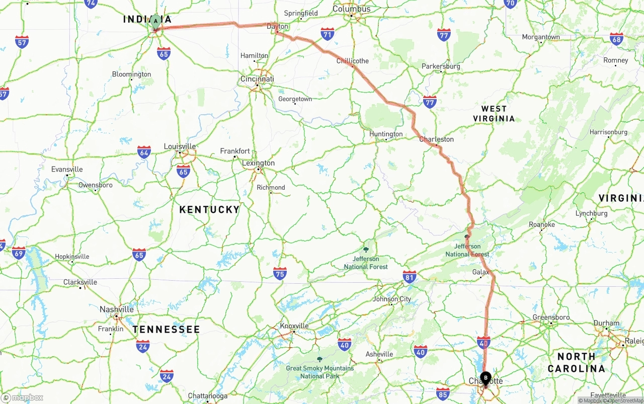 Shipping route from Indianapolis to Charlotte