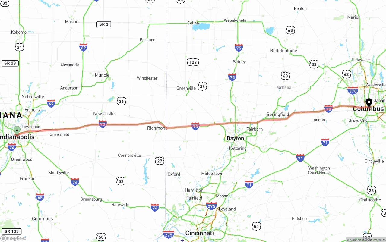 Shipping route from Indianapolis to Columbus