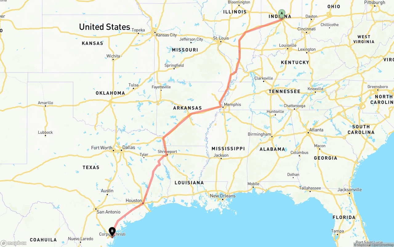 Shipping route from Indianapolis to Corpus Christi