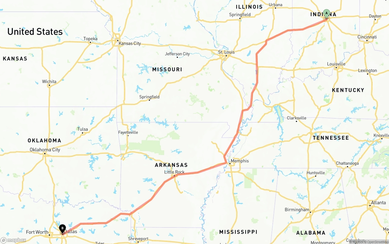 Shipping route from Indianapolis to Dallas