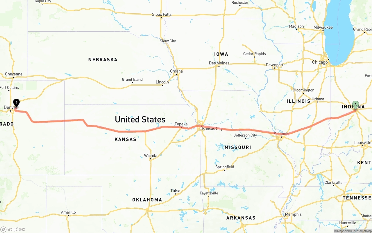 Shipping route from Indianapolis to Denver International Airport