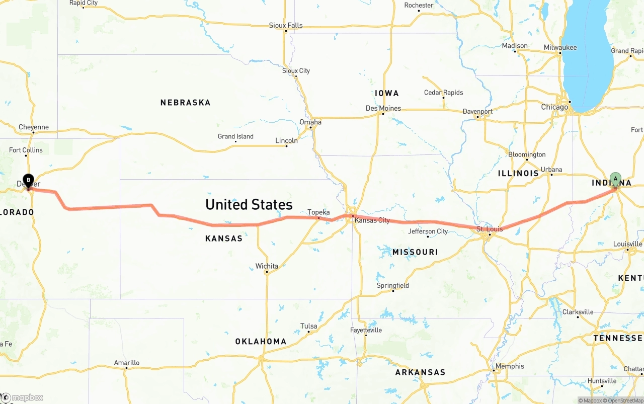 Shipping route from Indianapolis to Denver
