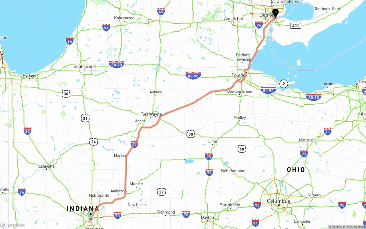 Shipping route from Indianapolis to Detroit