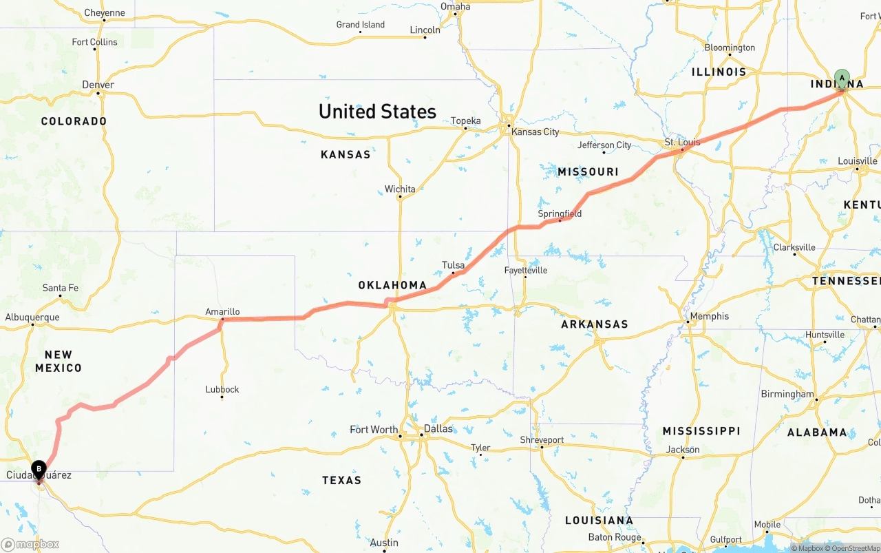 Shipping route from Indianapolis to El Paso